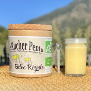 Gelée Royale Bio Française du Rucher Pentu. Pot de 25g avec sa cuillère et son pot en liège